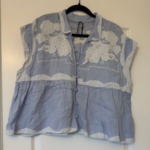 Anthropologie Light Blue and Cream Floral Linen Top